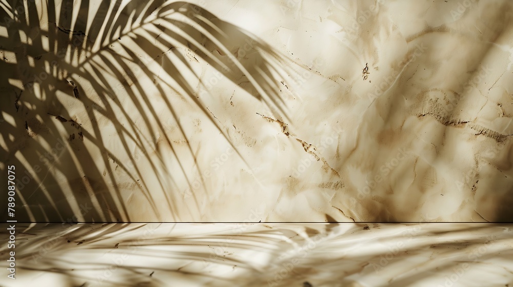 Aufkleber Luxury marble and brown paper color background with tropical palm shadow Natural material with exotic plant shade branding layout Minimal flat lay product podium with leaf silhouette o : Generative AI