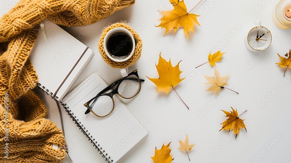 Poster workspace with golden maple leaves notebook coffee cup wrapped in scarf glasses stylish office desk 