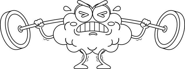 Outlined Funny Brain Cartoon Character Lifting Weights. Vector Hand Drawn Illustration Isolated On Transparent Background