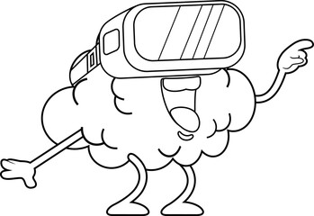 Outlined Funny Brain Cartoon Character Using Virtual Reality Glasses. Vector Hand Drawn Illustration Isolated On Transparent Background