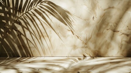 Luxury marble and brown paper color background with tropical palm shadow Natural material with exotic plant shade branding layout Minimal flat lay product podium with leaf silhouette o : Generative AI
