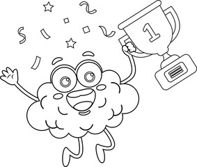 Outlined Happy Brain Cartoon Character Jumping Holding A Cup Trophy. Vector Hand Drawn Illustration Isolated On Transparent Background