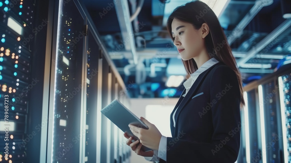 Poster A female engineer focuses on efficient data analysis right at the heart of the data center using a state-of-the-art tablet.