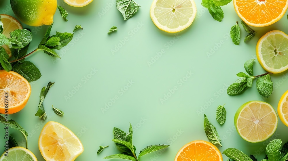 Aufkleber Citrus slices and mint herbs frame on retro mint pastel background with copyspace from above Top view of lemon and orange refreshment Summer fruit smoothie minimal banner design : Generative AI