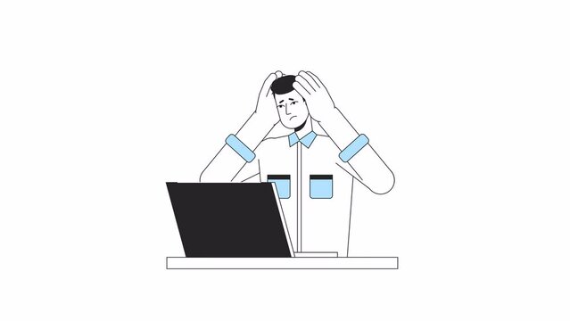 Stressed man clutching head at laptop line 2D character animation. Overload at workplace flat color cartoon 4K video, alpha channel. Sad man scared by deadline animated person on white background