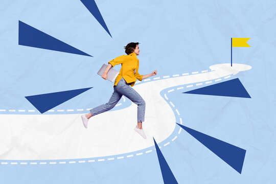 Composite photo collage artwork image of silhouette young confident lady choose way job promotion run finish flag achieve point aim