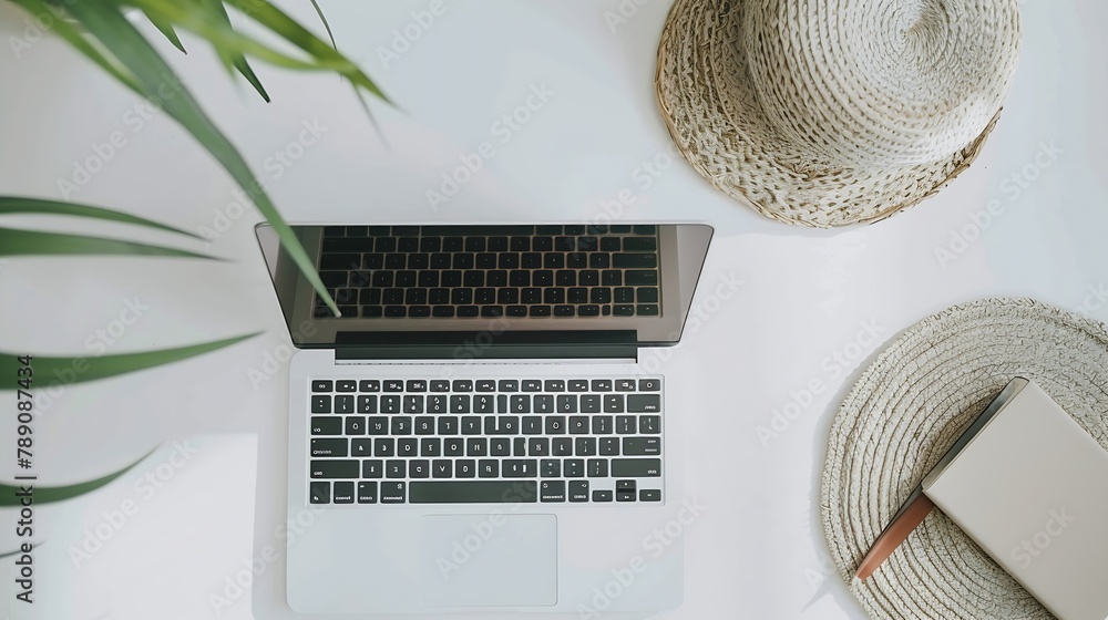 Poster home office desk workspace with laptop straw casket on neutral background flat lay top view blog web