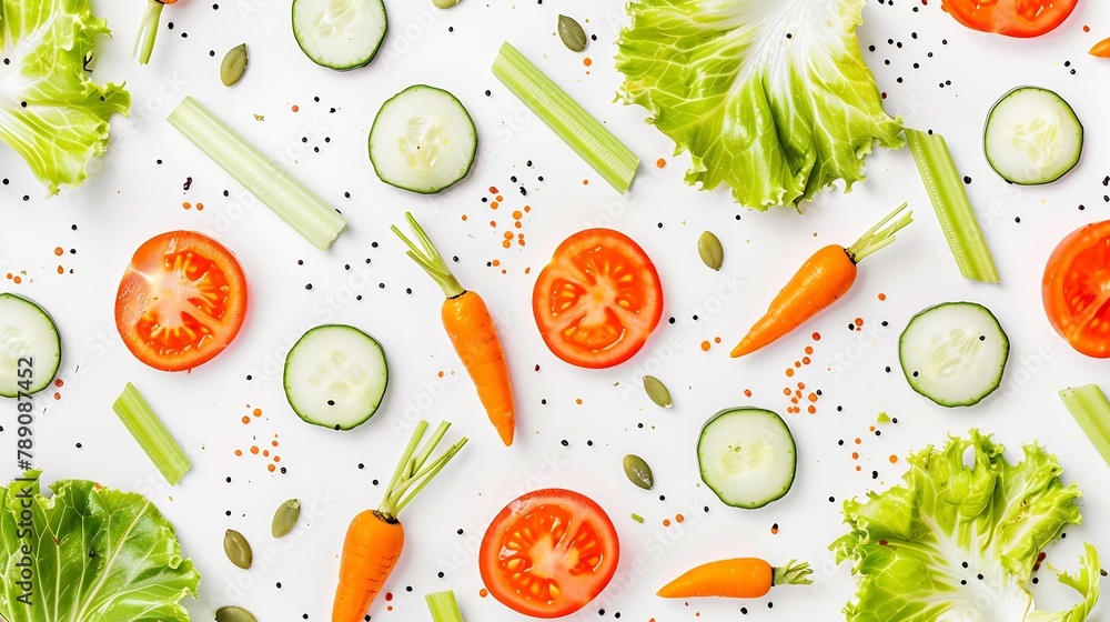 Poster Eating pattern with raw ingredients of salad lettuce leaves cucumbers red tomatoes carrots celery and seeds on white background : Generative AI