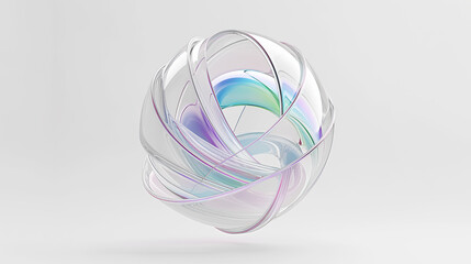 Abstract futuristic shape with iridescent glass texture floating on white background, 3d rendering illustration of clear contact lens. Pastel color, blue purple green and pink