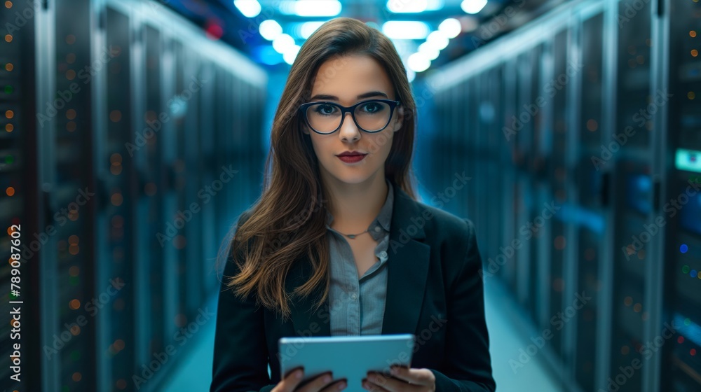 Poster a female engineer stores and analyzes large amounts of data in a data center, ensuring their reliabl