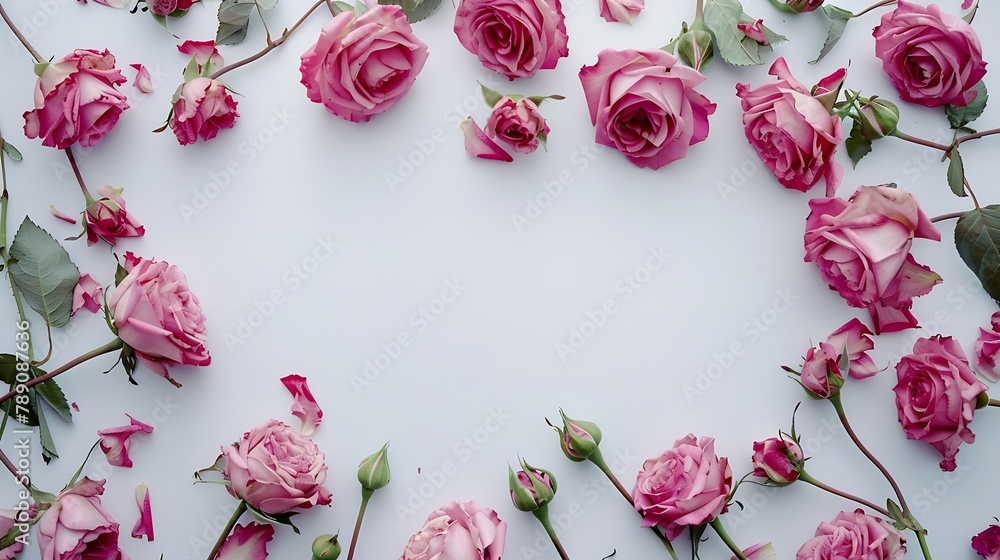 Poster decorative frame with pink bright roses on white background flat lay : generative ai
