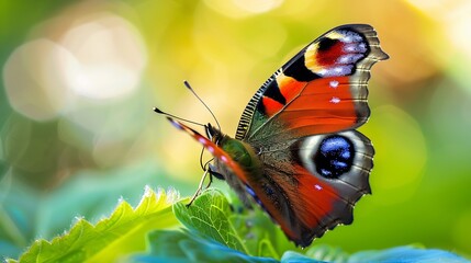 Close up of a fresh colorful Peacock butterfly Inachis io posing on a green leaf : Generative AI