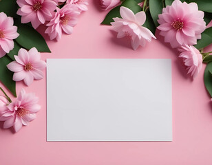 White card and pink flowers on pink background