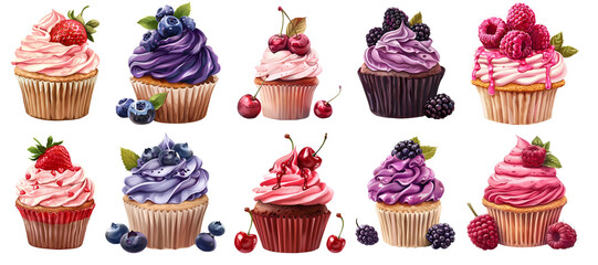 Fruit cupcake cake Illustration Clipart Bundle, generated ai
