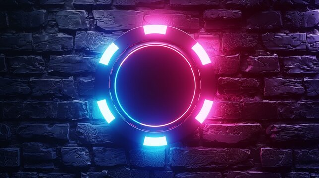 Poker chip icon neon on brick wall background. Bet, gambling or luck concept