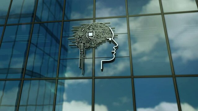 Artificial Intelligence glass building concept. AI head symbol on front facade 3d.