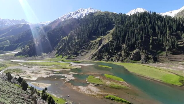River and snow capped mountains in a valley