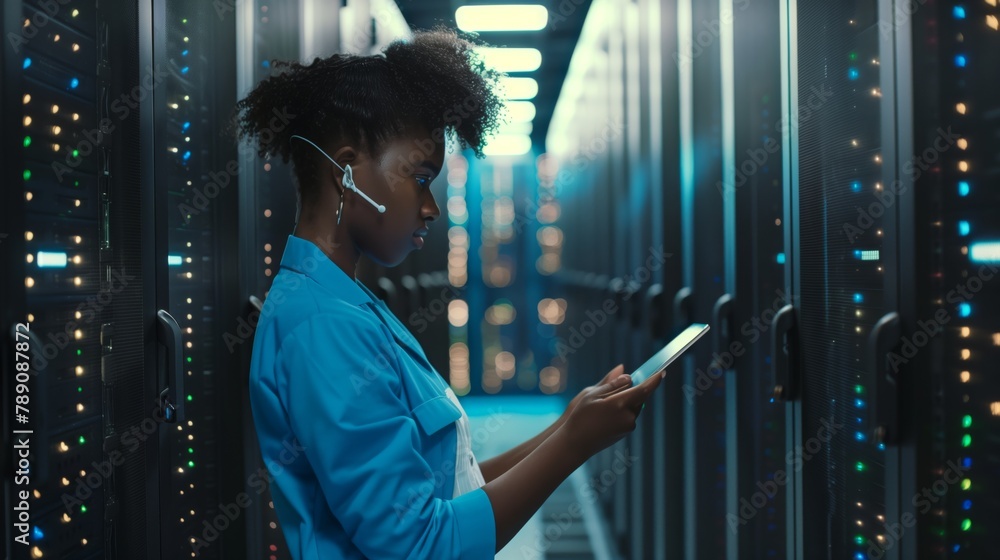 Aufkleber A technician at a data center shows an interest in analyzing data and using it to improve security and efficiency data storage system, using a tablet as convenient tool for working with information
