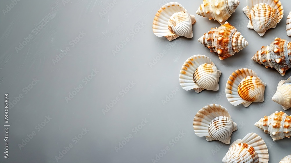 Aufkleber sea shells on gray background summer concept flat lay top view copy space : generative ai