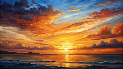 Oil painting of sunset with dramatic clouds