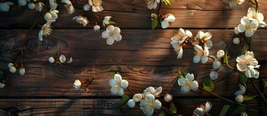 Blooming flowers of a fruit tree against a wooden backdrop.