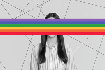 Composite photo collage of headless girl anonym colorful rainbow lgbt rights lesbian striped shirt hair ad isolated on painted background - obrazy, fototapety, plakaty