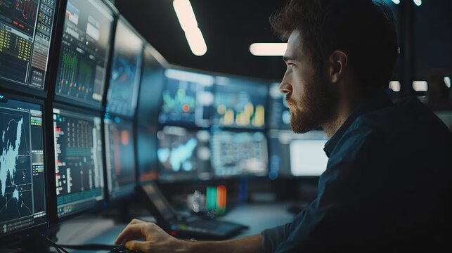 Dedicated IT specialist engages in advanced programming on green mock-up screen in modern data center control room surrounded by professional coding team
