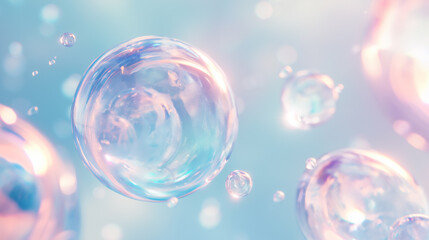 Abstract soap bubble on blue background, bubble in the air, clear glass texture, pastel colors