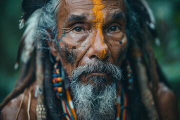 Fototapeta na wymiar An elder man displays rich tribal traditions with face paint and adornments