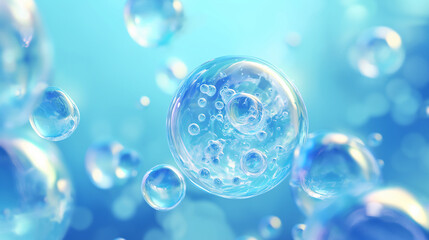 Abstract soap bubble on blue background, bubble in the air, clear glass texture, pastel colors