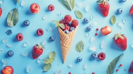 Forest fruit with ice cream cone on blue pastel background Flat lay Summer concept : Generative AI - obrazy, fototapety, plakaty