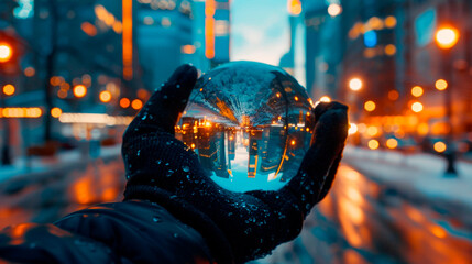 Gloved hand holds a glass sphere in an urban night setting, inverting cityscape with bokeh lights creating an intriguing perspective on urban exploration of a world within a world. Banner. Copy space - obrazy, fototapety, plakaty