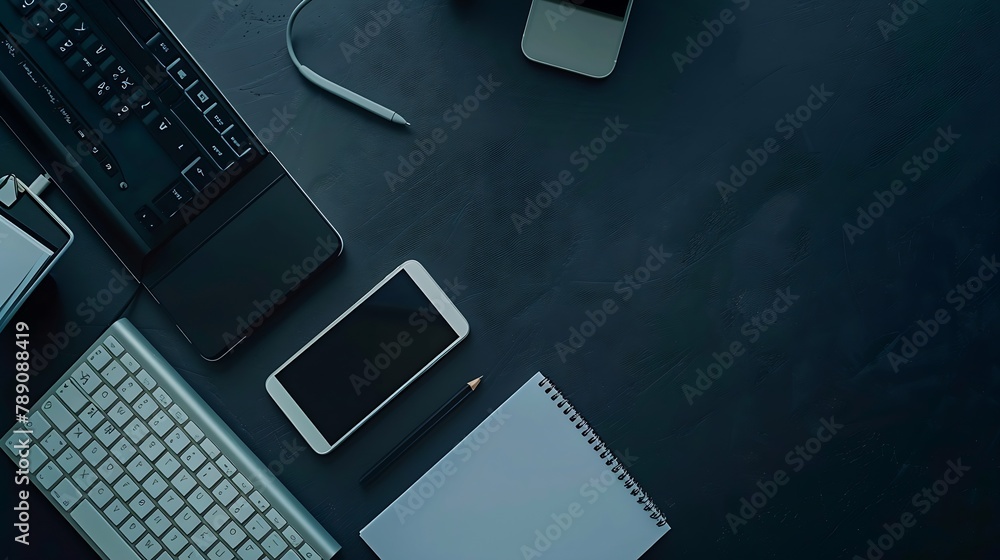 Leinwandbilder workplace in office with black desk top view from above of keyboard with notebook and phone space fo