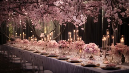 A long table with a pink floral theme and a tree in the background. The table is set with white tablecloths and pink flowers
