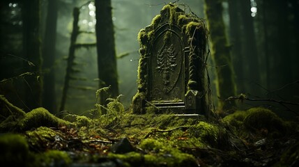 Mossy Tombstone with RIP. Death and Mourning Concept. Old Tombstone Covered in Moss. History and Time Concept - obrazy, fototapety, plakaty