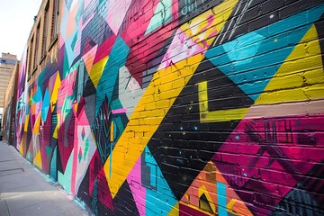 : A vibrant mural of geometric shapes and neon colors adorning a nondescript alley wall. The sharp...
