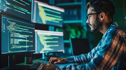 Dedicated IT specialist engages in advanced programming on green mock-up screen in modern data center control room surrounded by professional coding team