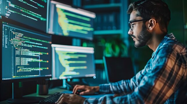 Dedicated IT specialist engages in advanced programming on green mock-up screen in modern data center control room surrounded by professional coding team