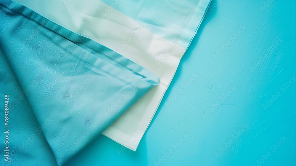 Poster top view with blue kitchen napkin isolated on table background folded cloth for mockup with copy spa