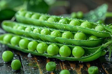 An image depicting fresh green peas nestled in a pod, highlighted by glistening water droplets - obrazy, fototapety, plakaty