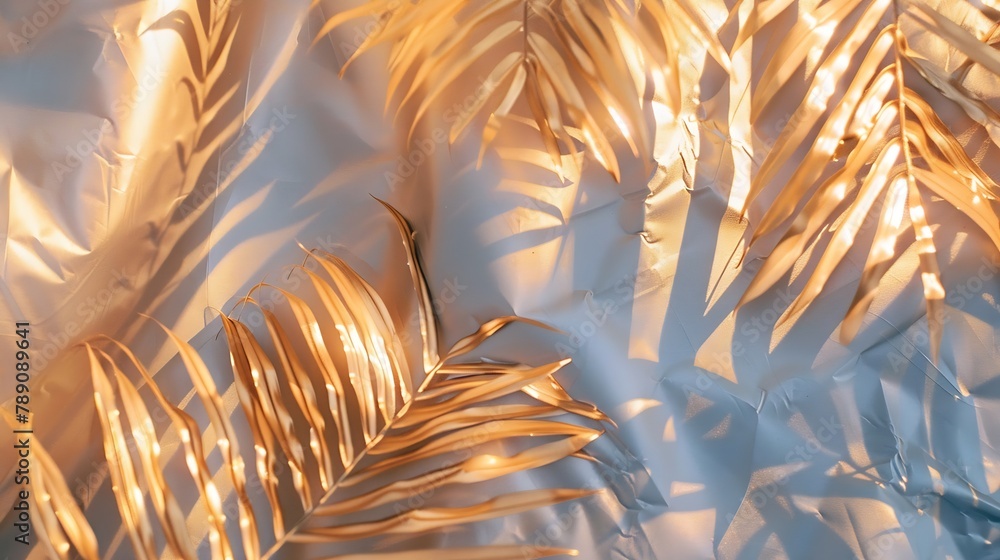 Poster top view of golden tropical leaf on holographic foil background flat lay minimal summer vacation con