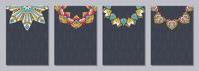 Set of four color cards or flyers with ethnic mandala ornament. Abstract mandala flyer design. Decorative colorful pattern with ornate texture, tribal ethnic oriental motif. Vector layout design. - 789090030