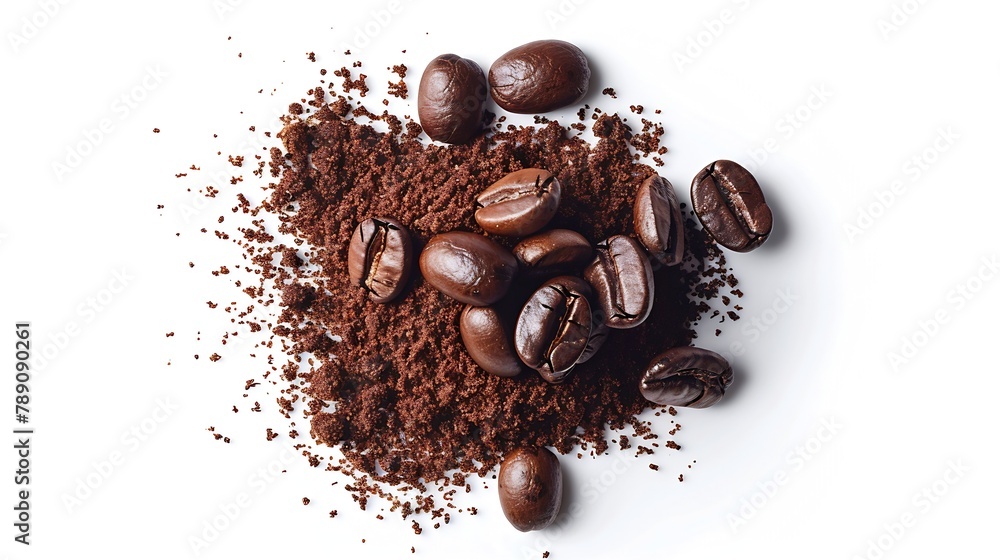 Poster flat lay of ground coffee with coffee beans isolated on white background : generative ai