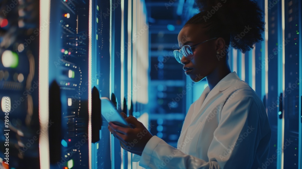Aufkleber A female technical specialist in a data center analyzes security data on Internet and develops effective strategies to protect and store it in cloud storage, using tablet to access the necessary tools