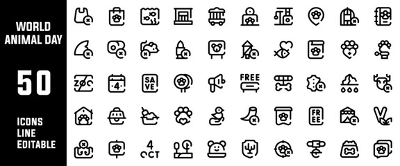 50 World Animal Day Icons Set Line Editable Vector Illustration