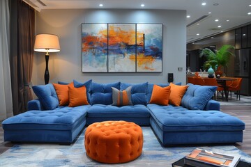 An elegant living room showcases a blue sectional sofa, orange ottoman, and a striking abstract wall art that adds a pop of color
