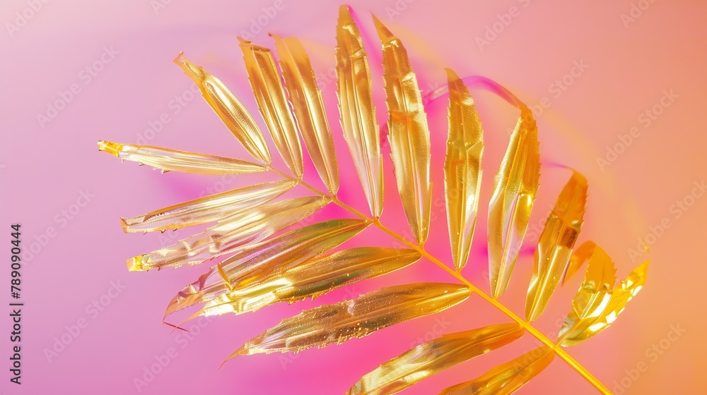 Poster top view of golden tropical leaf on holographic foil background flat lay minimal summer vacation con