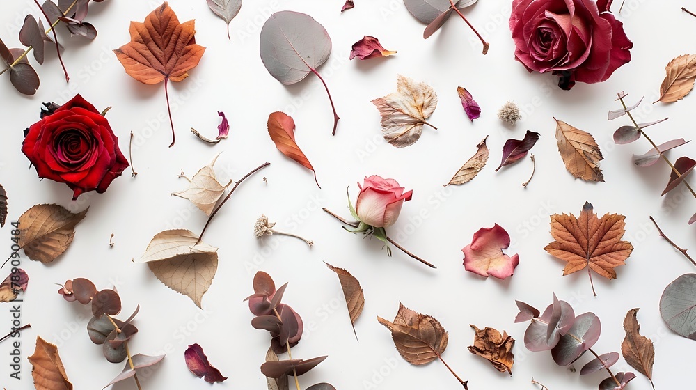 Poster autumn composition frame made of eucalyptus branches rose flowers dried leaves on white background a