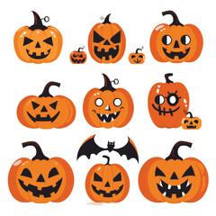 A series of flat design illustrations depicting various carved Halloween pumpkins with different expressions, white background