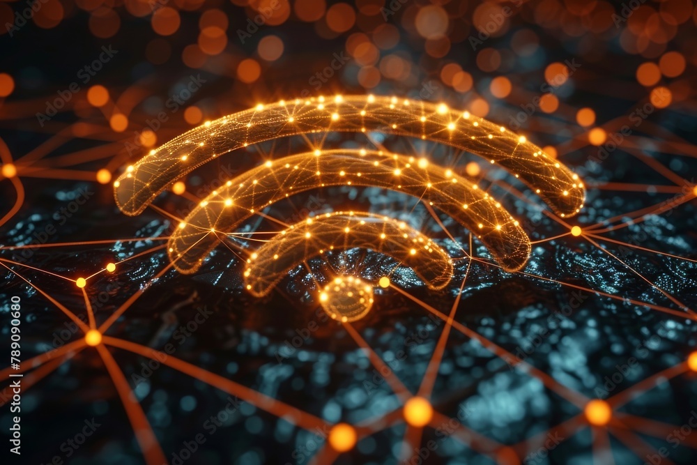 Aufkleber conceptual image with a bright, glowing wi-fi symbol over a networked background depicting connectiv